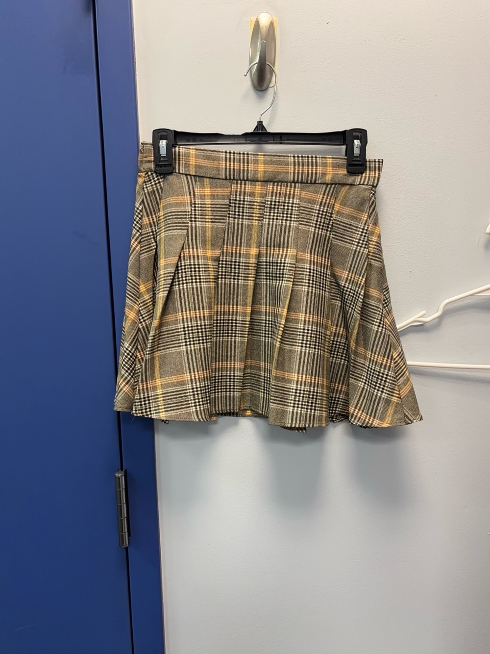 Garage Tan and Black Plaid Pleated Skater Skirt